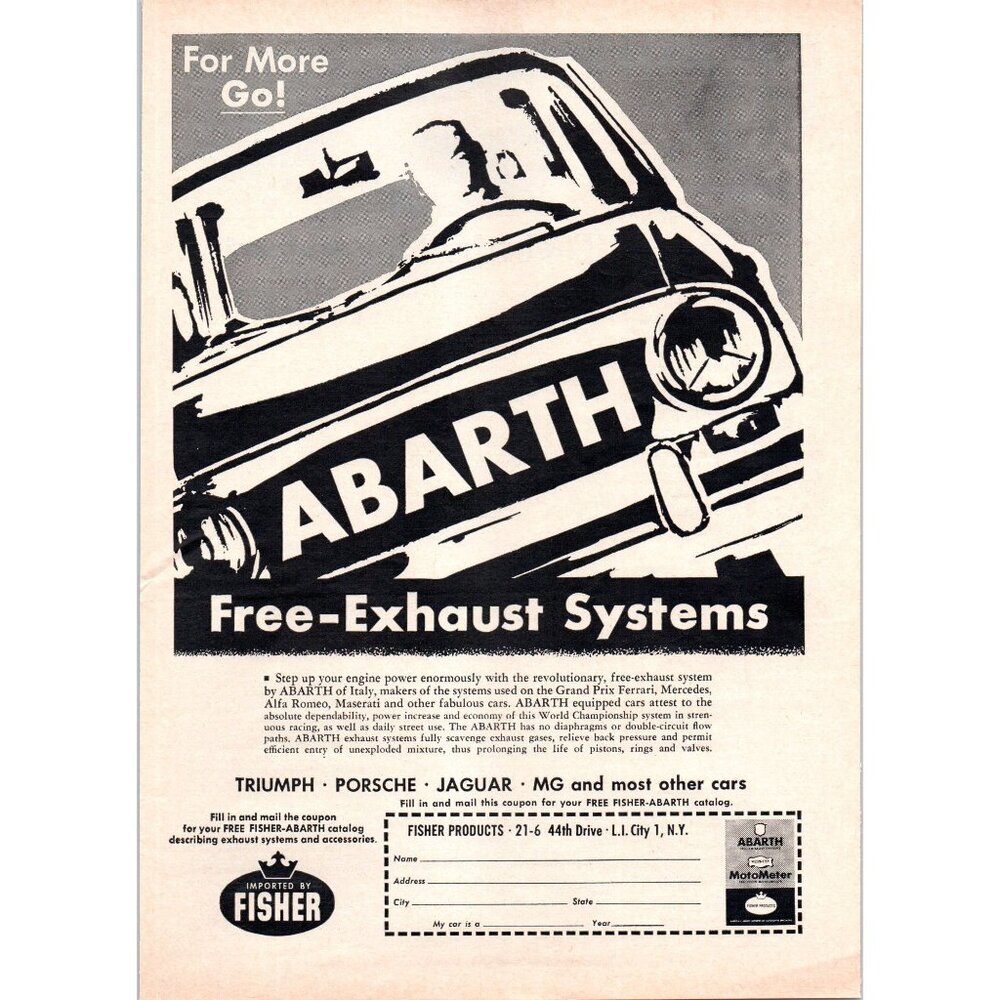 1966 Abarth Performance Free Exhaust Systems Vintage Print Ad Cartoon Wall Art